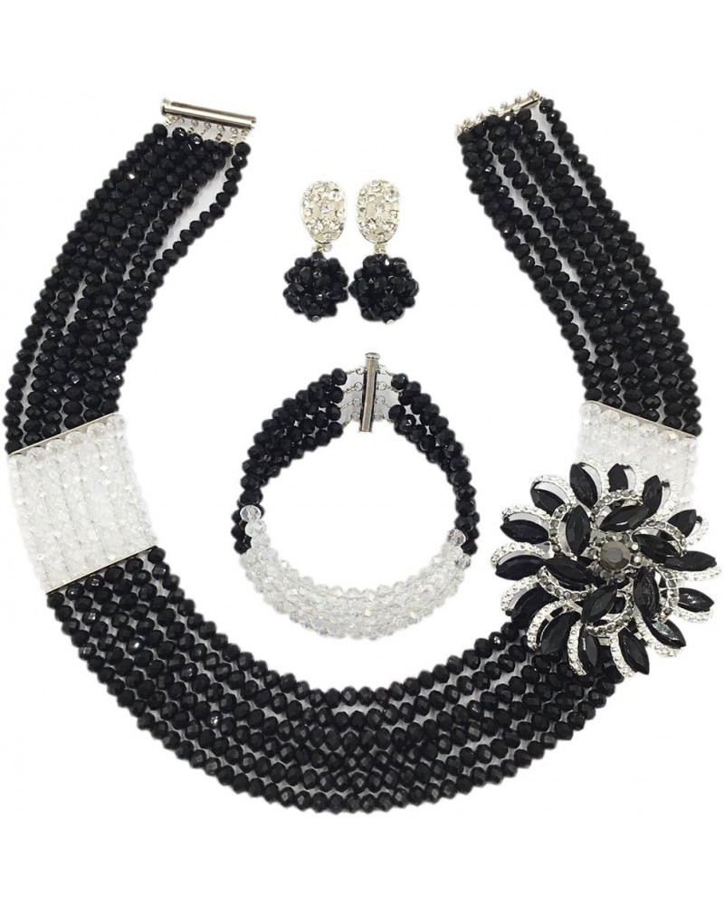 Nigerian Wedding African Beads Jewelry Set Crystal Beaded Necklace Earrings Black Transparent $16.80 Jewelry Sets