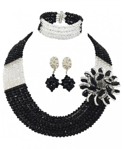 Nigerian Wedding African Beads Jewelry Set Crystal Beaded Necklace Earrings Black Transparent $16.80 Jewelry Sets