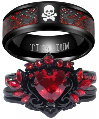 Couple Rings Matching Rings Black Wings Skull Ring 1.5ct Red CZ Womens Wedding Ring Sets Punk Ring Red women size10 & men siz...