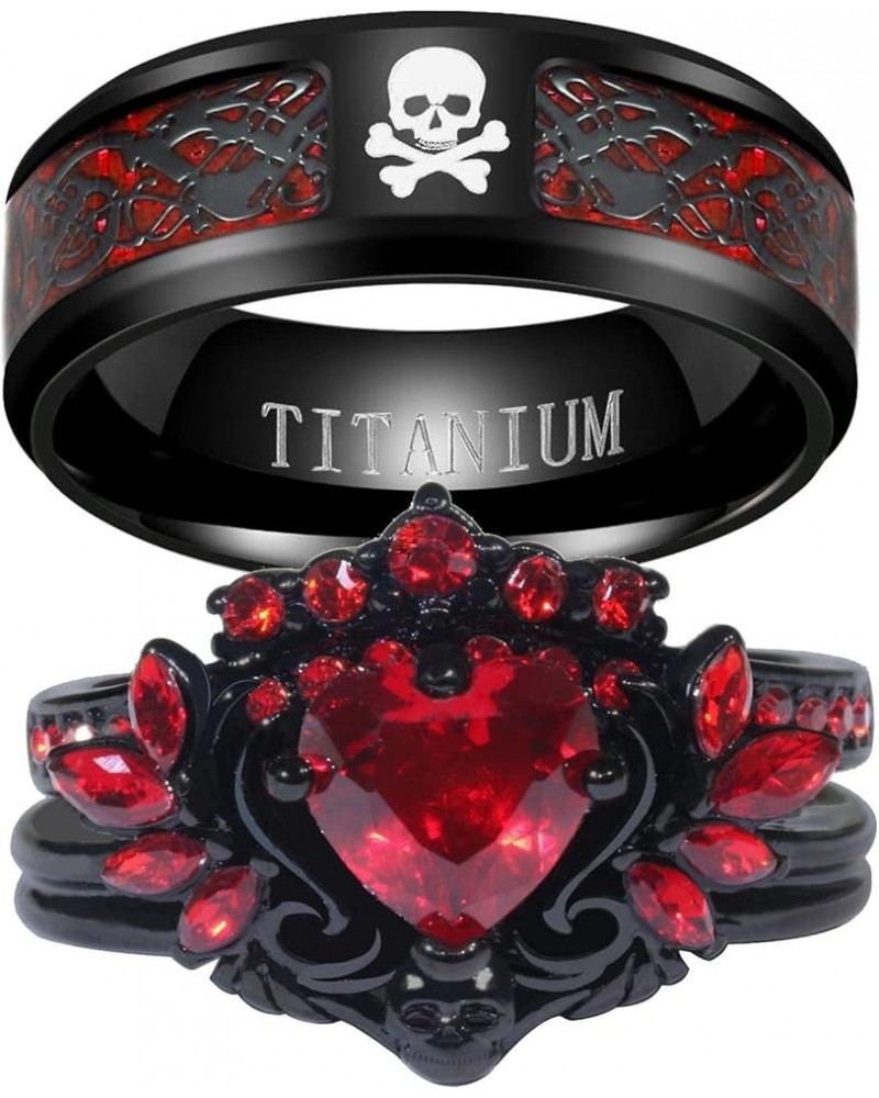 Couple Rings Matching Rings Black Wings Skull Ring 1.5ct Red CZ Womens Wedding Ring Sets Punk Ring Red women size10 & men siz...