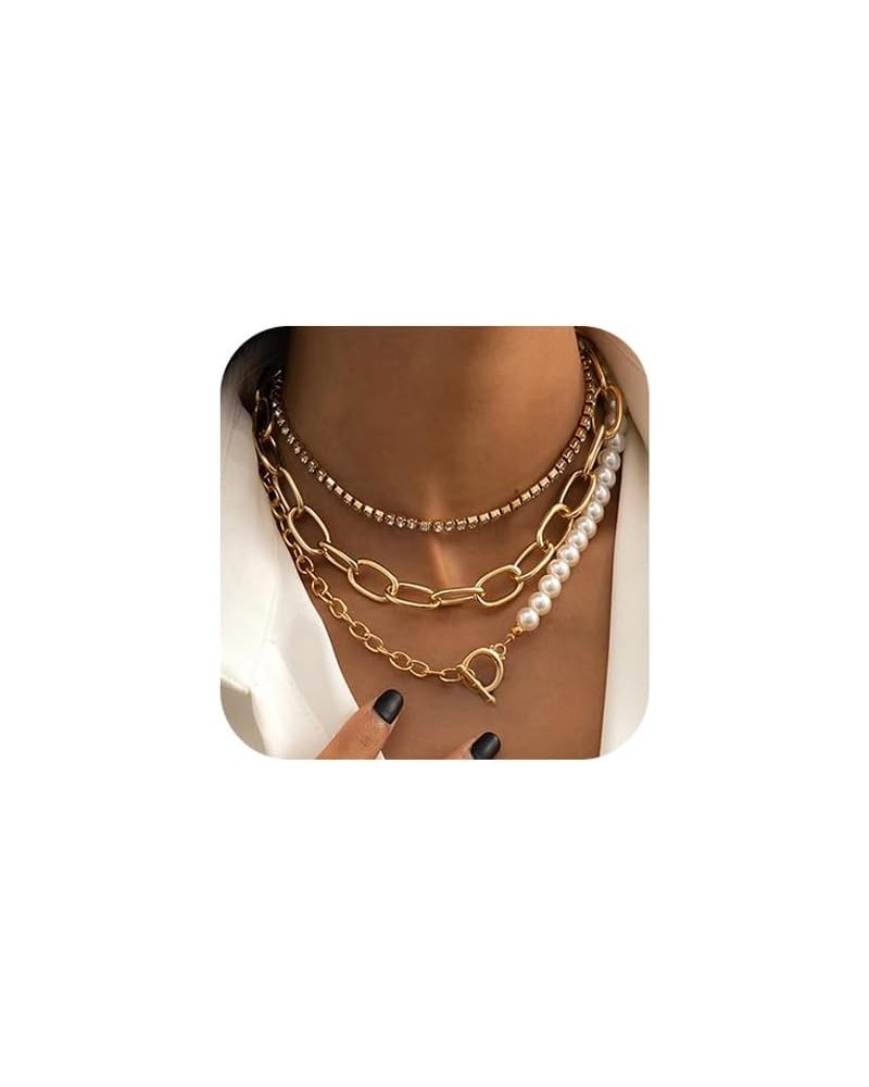 Women Multilayer Silver Gold Dainty Pearls Layered Choker Necklaces Handmade Beads Fashion Chunky Pendant Multilayer Adjustab...