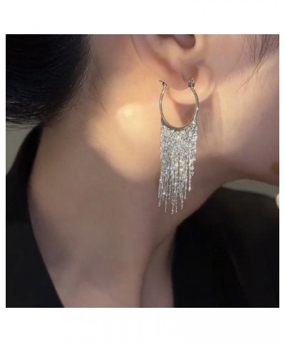 Tassel Earrings Dangling for Women Sparkly Silver Waterfall Fringe Drop Statement Cascade Dangle Hoop Earrings Silver-Long $8...