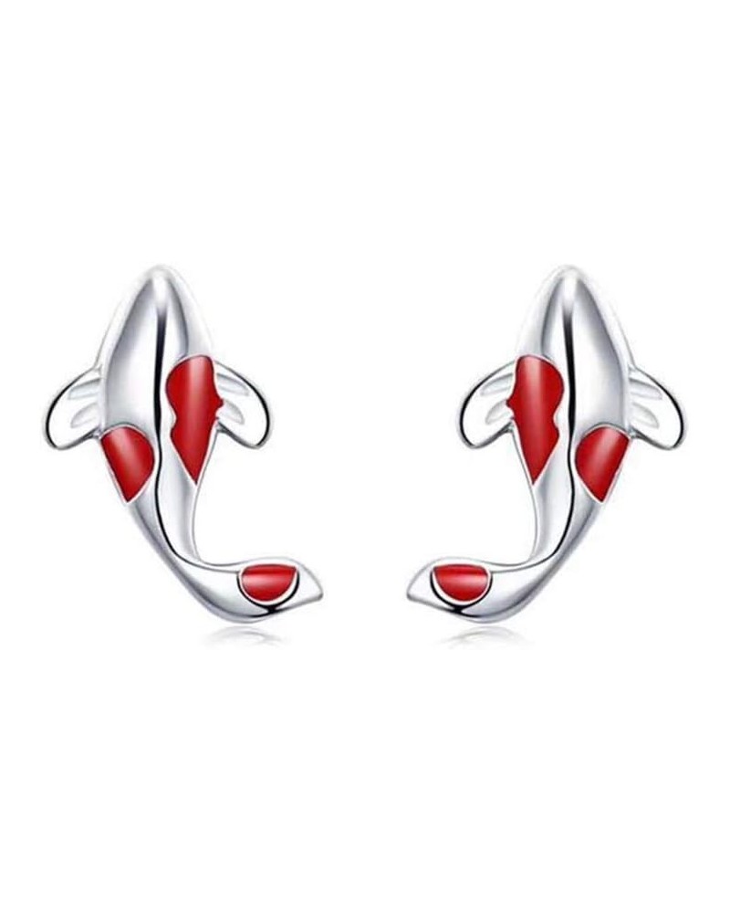 Red Stud Earrings Silver Fish Ear Studs Jewellery Gift for Women Girl $4.12 Earrings