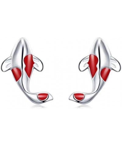 Red Stud Earrings Silver Fish Ear Studs Jewellery Gift for Women Girl $4.12 Earrings