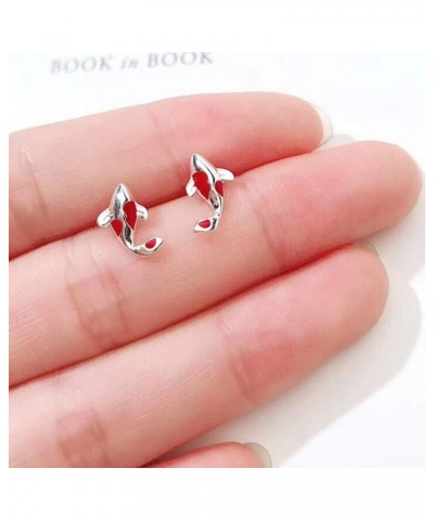 Red Stud Earrings Silver Fish Ear Studs Jewellery Gift for Women Girl $4.12 Earrings