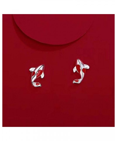 Red Stud Earrings Silver Fish Ear Studs Jewellery Gift for Women Girl $4.12 Earrings