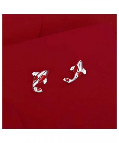 Red Stud Earrings Silver Fish Ear Studs Jewellery Gift for Women Girl $4.12 Earrings