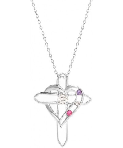 Women's Custom Sterling Silver 3 Stone Simulated Birthstone Heart with Cross Pendant (16", 18" or 20" chain) Personalized Mot...