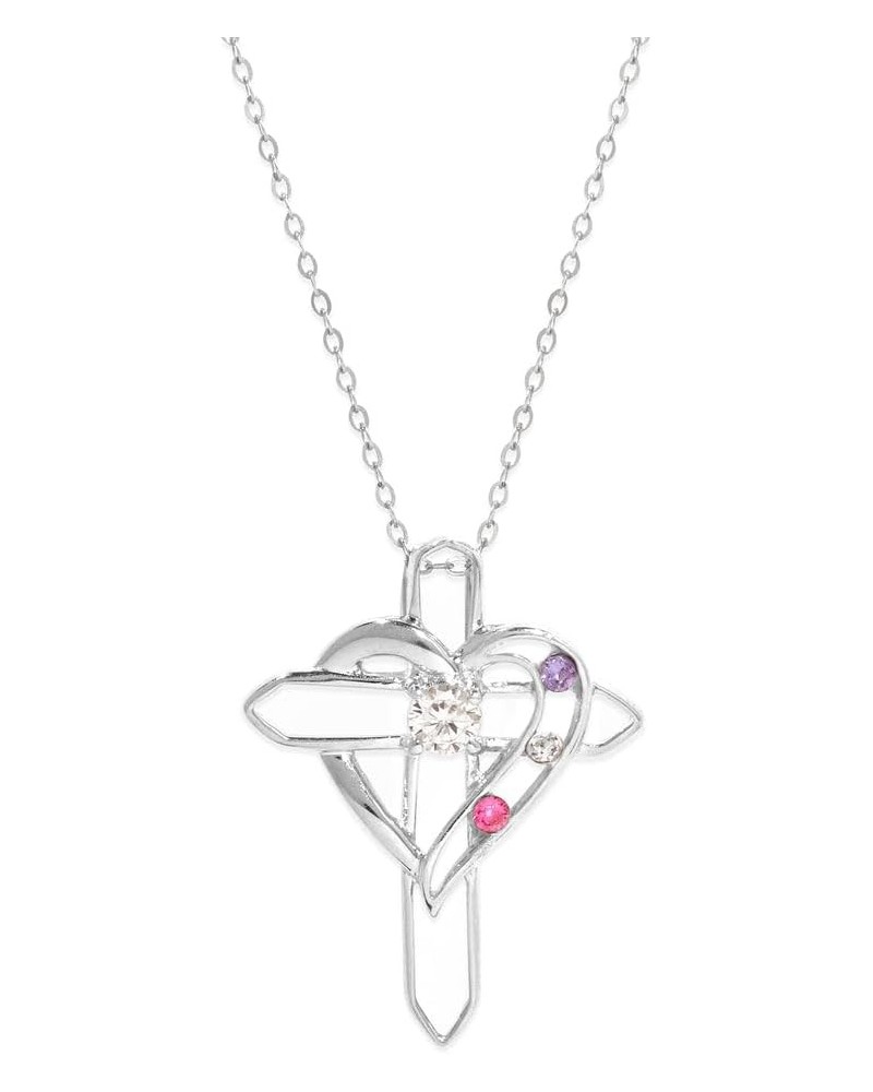 Women's Custom Sterling Silver 3 Stone Simulated Birthstone Heart with Cross Pendant (16", 18" or 20" chain) Personalized Mot...