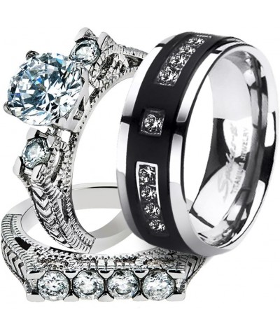 His and Her Stainless Steel 2.95 Carat Cubic Zirconia Bridal Set and Men's Titanium Wedding Band Women's Size 10 Men's Size 0...