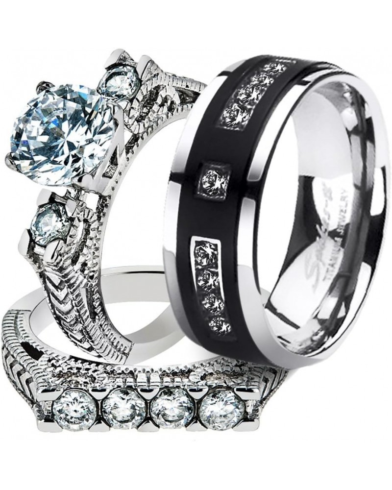 His and Her Stainless Steel 2.95 Carat Cubic Zirconia Bridal Set and Men's Titanium Wedding Band Women's Size 10 Men's Size 0...