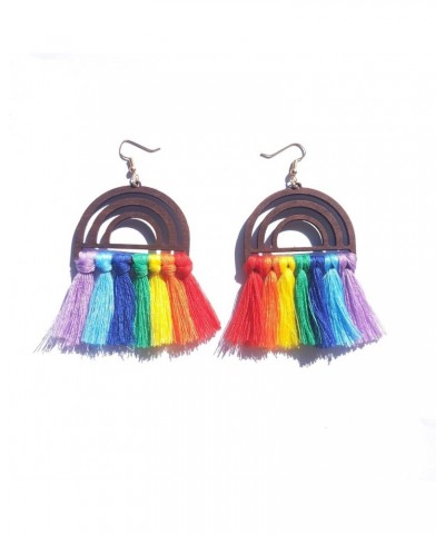 Retro Wooden Rainbow Tassel Dangle Earrings Colorful Handmade Weaving Cotton Thread Earrings Ethnic Lightweight Jewerly for W...