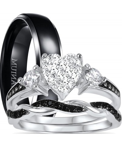 His and Hers 3 Piece Trio Sterling Silver Black Wedding Band Engagement Ring Set Her 11 - His 13 $38.95 Sets