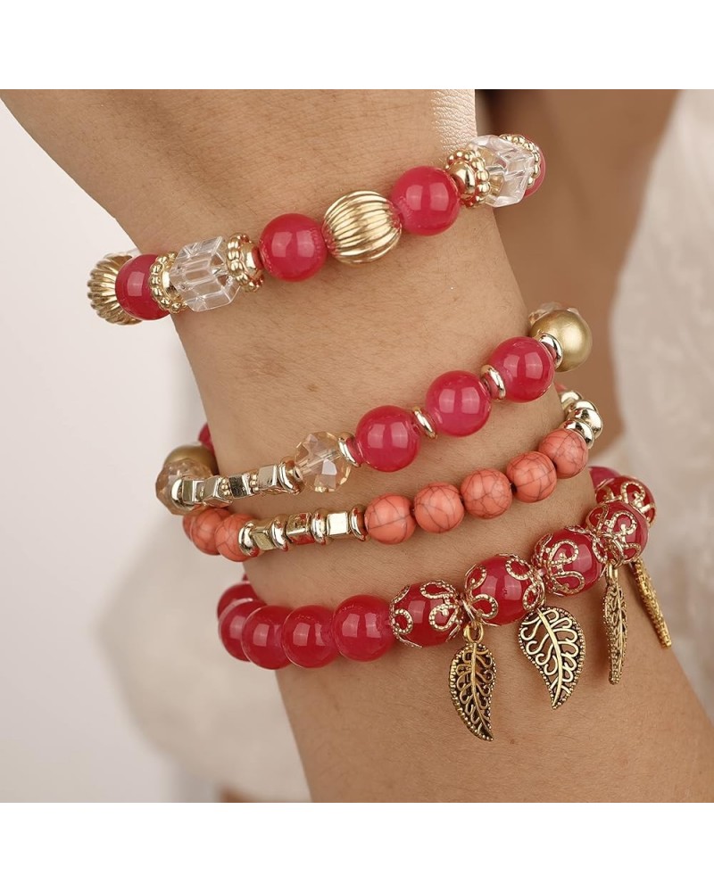 4pcs Bohemian Layered Glass Beaded Leaf Pendant Bracelet Beach Charm Bracelet Set Crystal Stone Stackable Ethnic Bracelets Va...