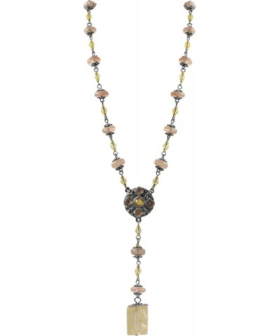 Pink and Yellow Lucite Bead and Pewter Medallion Y Necklace, 16"+2.5" Extender $13.18 Necklaces