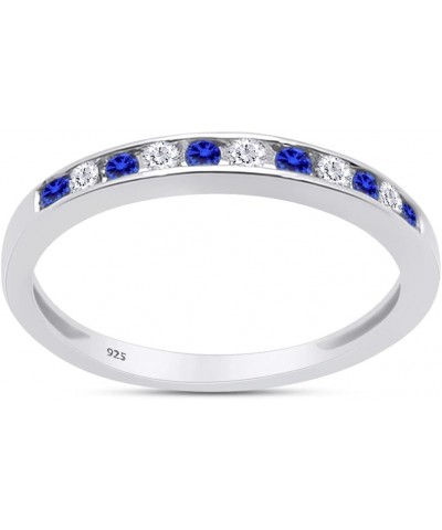 Round White Natural Diamond & Simulated Blue Sapphire Half Eternity Engagement Wedding Band Ring In 14K Gold Over Sterling Si...