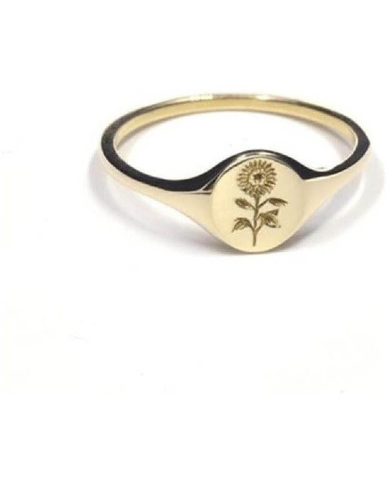 Gold Plated Sterling Silver Rings for Women, Handmade Engraved Sunflower Flower Signet Rings Minimalistic Statement Ring, Del...