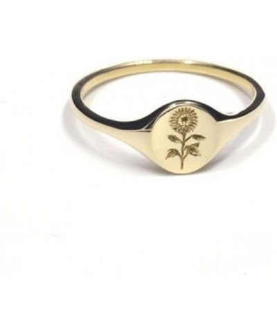 Gold Plated Sterling Silver Rings for Women, Handmade Engraved Sunflower Flower Signet Rings Minimalistic Statement Ring, Del...