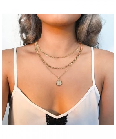 Layered Choker Necklaces for Women, 14K Gold Plated Paperclip Chain Necklace Adjustable Initial Hexagon Coin Pendant with Gif...