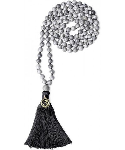 OM Charm Hand Knotted Tassel 108 Mala Beads Necklace 6mm Map Jasper $17.82 Necklaces