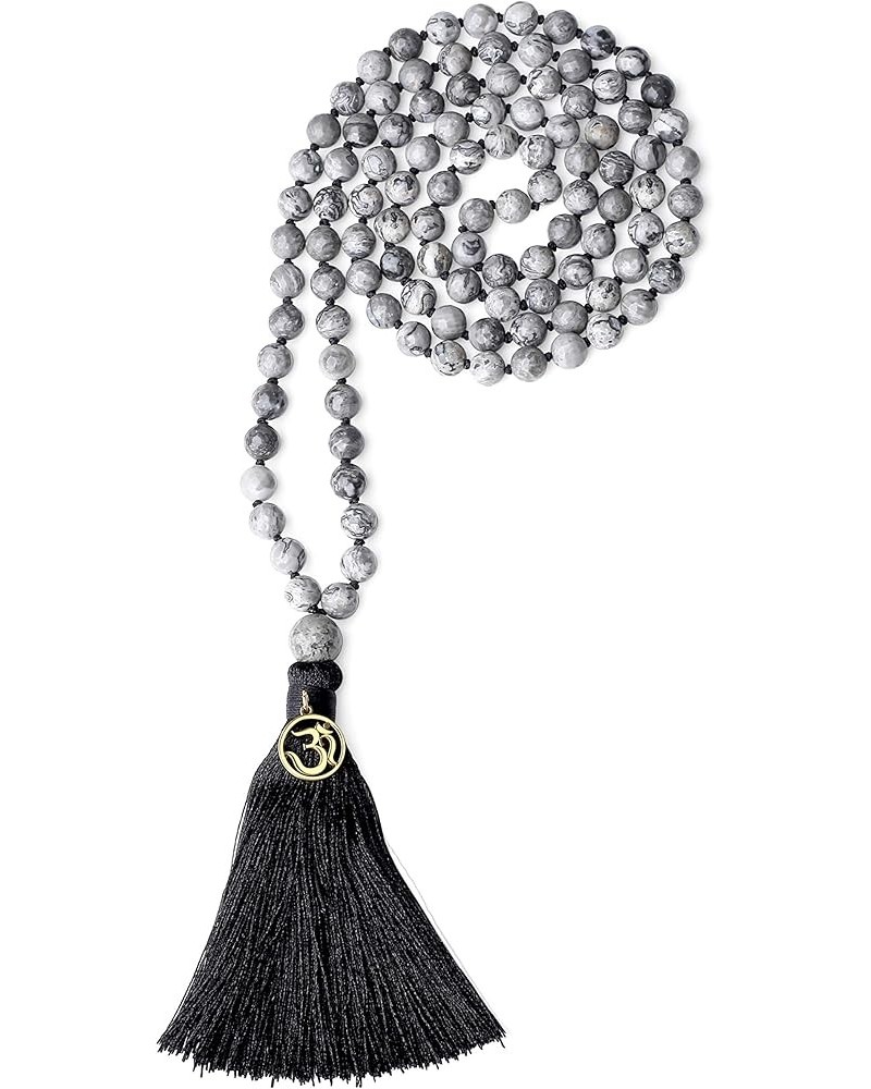 OM Charm Hand Knotted Tassel 108 Mala Beads Necklace 6mm Map Jasper $17.82 Necklaces