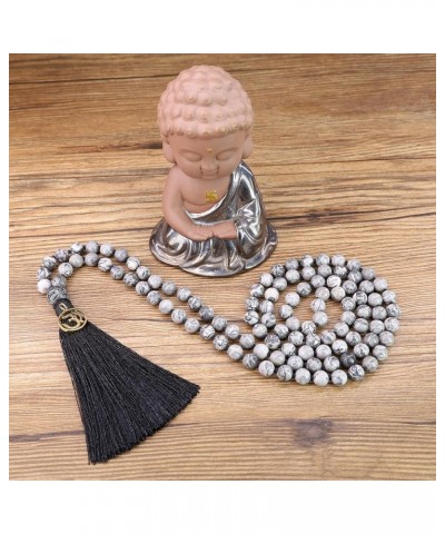 OM Charm Hand Knotted Tassel 108 Mala Beads Necklace 6mm Map Jasper $17.82 Necklaces