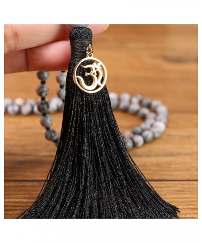 OM Charm Hand Knotted Tassel 108 Mala Beads Necklace 6mm Map Jasper $17.82 Necklaces