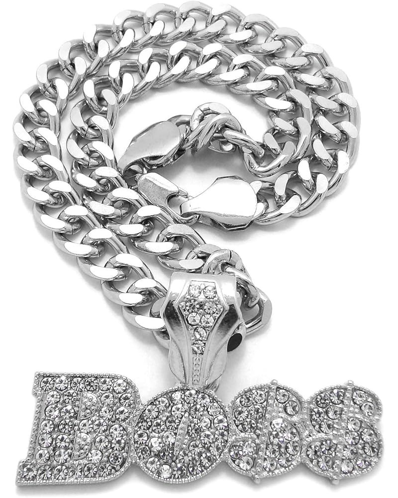 Urban BOSS Script Crystals Encrusted Pendant Silver-Tone Cuban Linked Chain Necklace 18.0 Inches $15.39 Necklaces