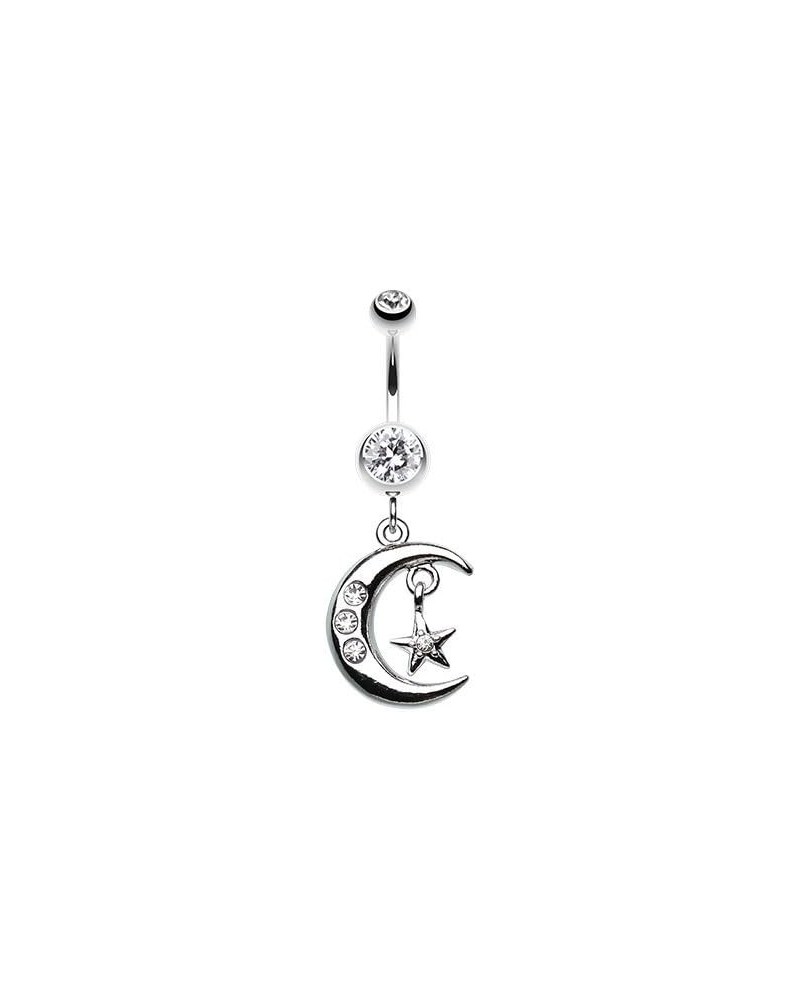 Glistening Moon and Star 316L Surgical Steel Belly Button Ring Clear $9.87 Body Jewelry