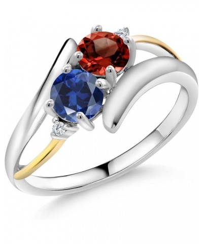 925 Silver and 10K Yellow Gold Red Garnet Blue Created Sapphire and White Lab Grown Diamond 2 Stone Crossover Ring For Women ...