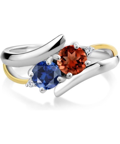 925 Silver and 10K Yellow Gold Red Garnet Blue Created Sapphire and White Lab Grown Diamond 2 Stone Crossover Ring For Women ...