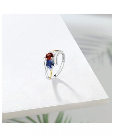 925 Silver and 10K Yellow Gold Red Garnet Blue Created Sapphire and White Lab Grown Diamond 2 Stone Crossover Ring For Women ...