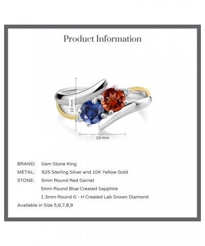 925 Silver and 10K Yellow Gold Red Garnet Blue Created Sapphire and White Lab Grown Diamond 2 Stone Crossover Ring For Women ...