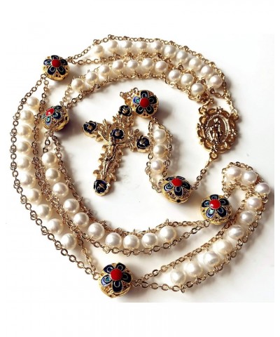 handmade 18KGold-plated Ladder to Heaven pearl & Enamel Beads Catholic Rosary crucifix Necklace box $34.85 Necklaces