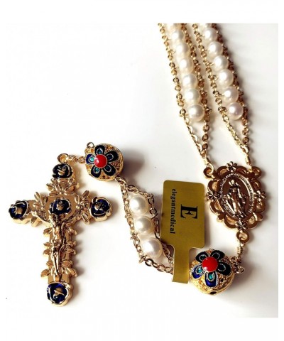 handmade 18KGold-plated Ladder to Heaven pearl & Enamel Beads Catholic Rosary crucifix Necklace box $34.85 Necklaces