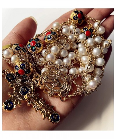 handmade 18KGold-plated Ladder to Heaven pearl & Enamel Beads Catholic Rosary crucifix Necklace box $34.85 Necklaces