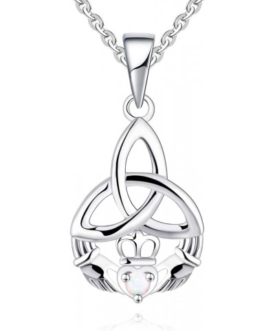 925 Sterling Silver Irish Celtic Heart Claddagh Pendant Necklace with Birthstones white opal-october birthstone $20.25 Necklaces