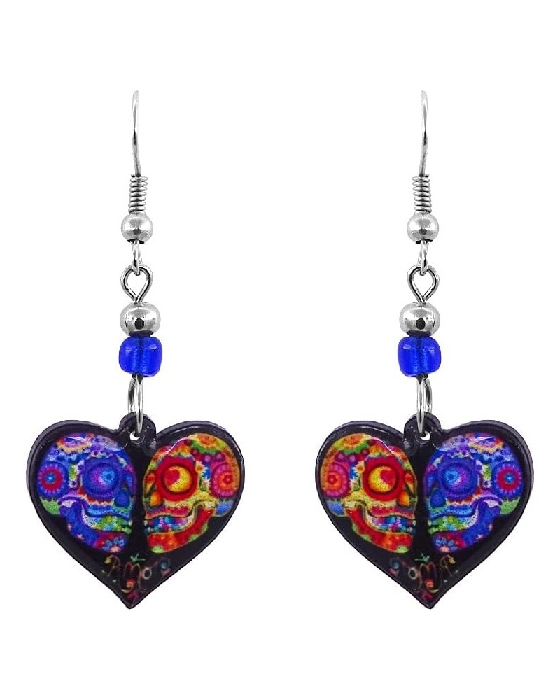 Day of the Dead Sugar Skull Couple Heart Graphic Dangle Earrings - Womens Fashion Handmade Jewelry Themed Accessories Black/M...