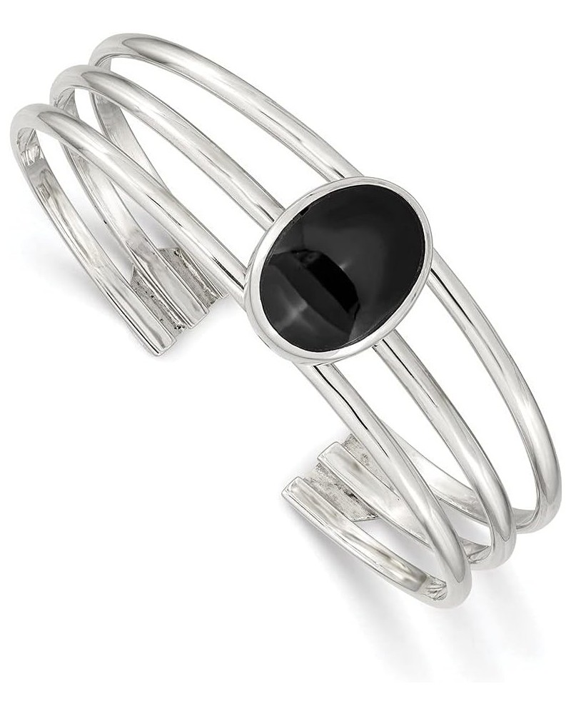 Sterling Silver Polished Onyx Three Strand Cuff Bracelet for Women $72.83 Bracelets