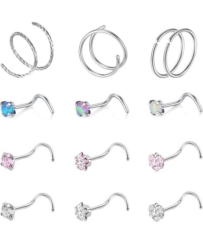 20G Nose Rings Studs, Surgical Steel Corkscrew Nose Ring L Shaped Nose Stud, CZ Heart Cross Nostril Bone Nose Piercing Jewelr...