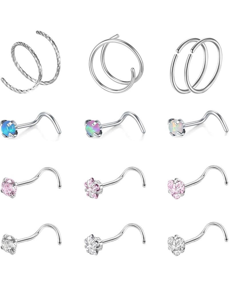 20G Nose Rings Studs, Surgical Steel Corkscrew Nose Ring L Shaped Nose Stud, CZ Heart Cross Nostril Bone Nose Piercing Jewelr...