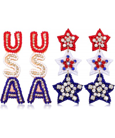 2 Pairs Patriotic Earrings 4th of July Earrings for Women Beaded Letter USA Dangle Earrings Independence Day Jewelry Gift Sty...