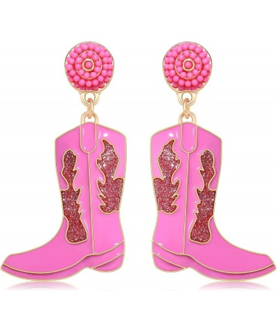 Cowboy Boot Earrings Enamel Beaded Cowgirl Dangle Earrings Glitter Shoes Drop Earrings Western Earrings Jewelry Gift Pink $8....