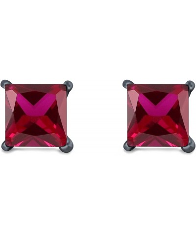 Solitaire Stud Earrings Princess Cut Simulated Cubic Zirconia 925 Sterling Silver (4mm-10mm) Black Tone, Simulated Ruby CZ 10...