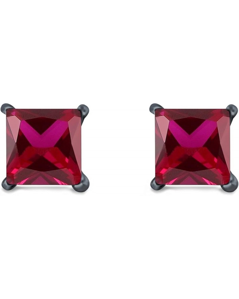 Solitaire Stud Earrings Princess Cut Simulated Cubic Zirconia 925 Sterling Silver (4mm-10mm) Black Tone, Simulated Ruby CZ 10...