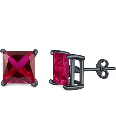 Solitaire Stud Earrings Princess Cut Simulated Cubic Zirconia 925 Sterling Silver (4mm-10mm) Black Tone, Simulated Ruby CZ 10...