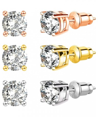 3 Pairs Small Stud Earrings Set for Women Hypoallergenic 18K Gold Plated with 6mm Cubic Zirconia Men Earrings Studs (silver,r...