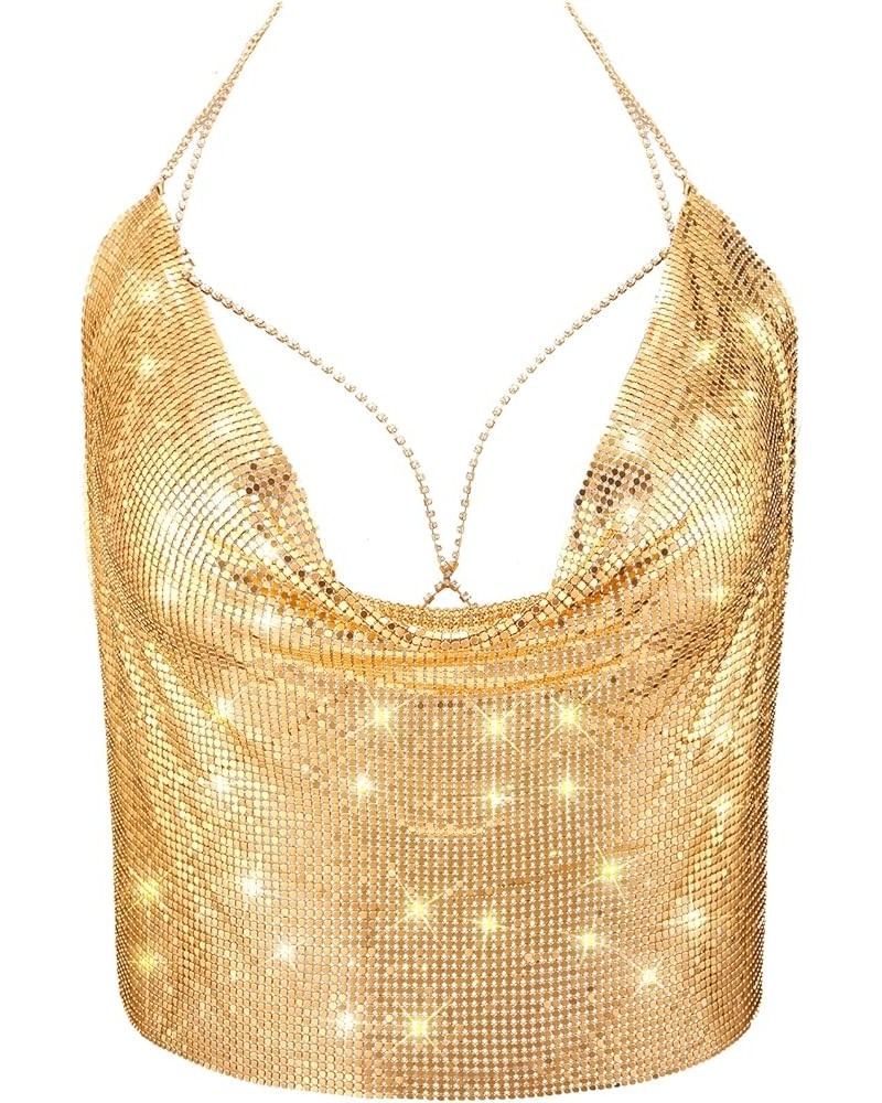 Women Tank Top Shiny Body Chain Crystal Set Sequins Neck Chain Bikini with Nipple Pasties Double Sided Tape Gold $11.96 Body ...