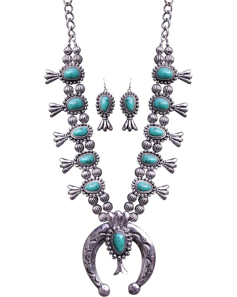 Turquoise Vintage Squash Blossom Metal Statement Necklace/w Earrings 531 $20.79 Necklaces