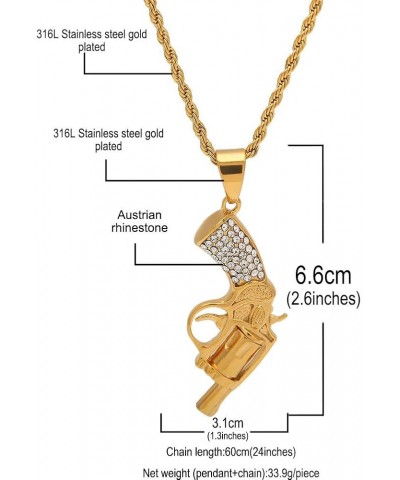 LC8 Jewelry Hip Hop Iced Out Rhinestone Diamond Bling Shiny Gun Shape Revolver Pendant with Rope Chain for Men Women Shape:Co...